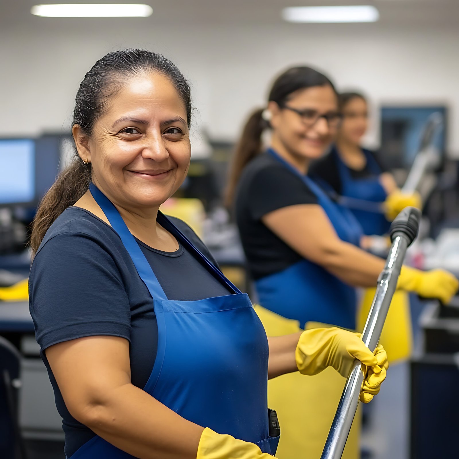 un equipo de limpieza alegre en accion en la oficina