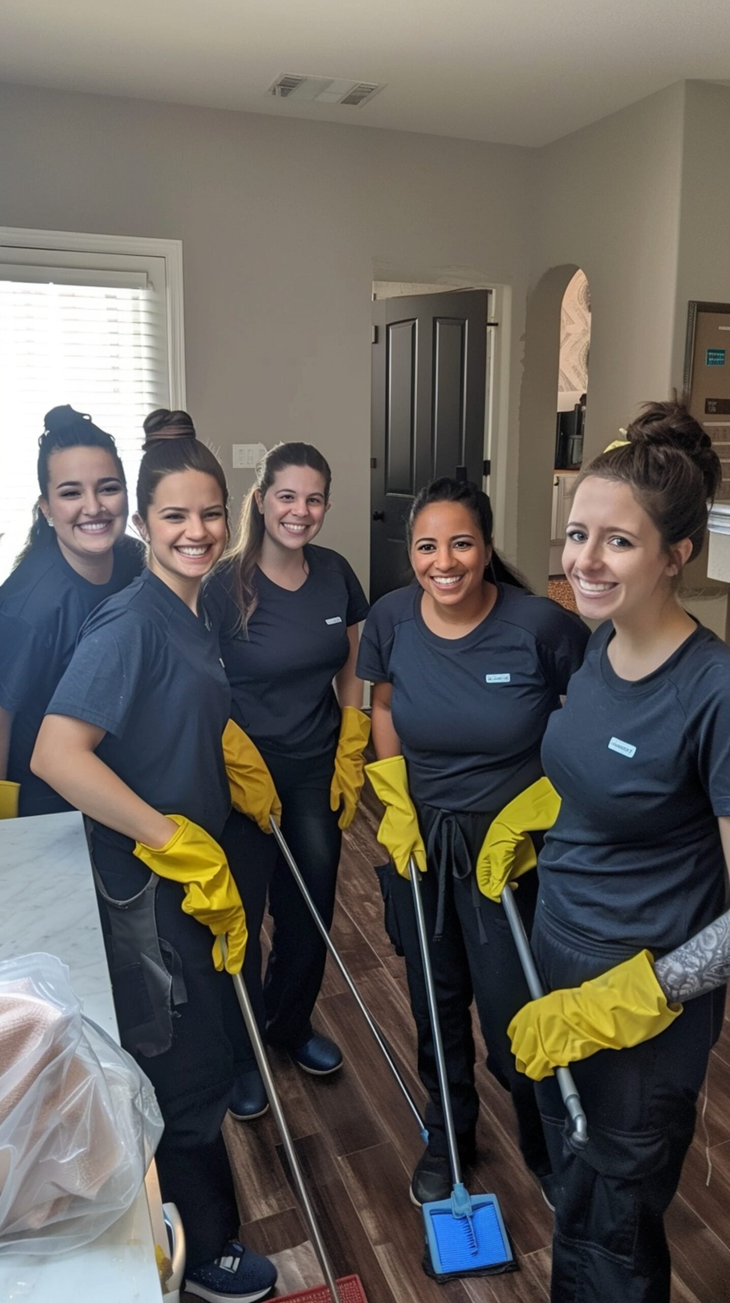 una foto de un grupo de hermosas damas y caballeros de limpieza felices en un hermoso hogar limpio y organizado